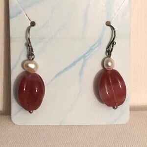 Rose Glass Bead Pearl Dangle Pierced Fish Hook Earrings